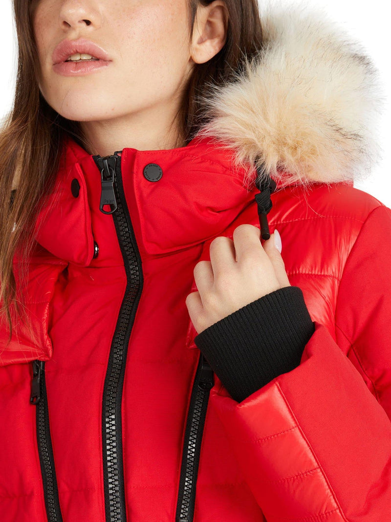 Pajar Womens Alia Mixed Media Quilted Parka with Det Hood Fur Trim - CURRENT RED