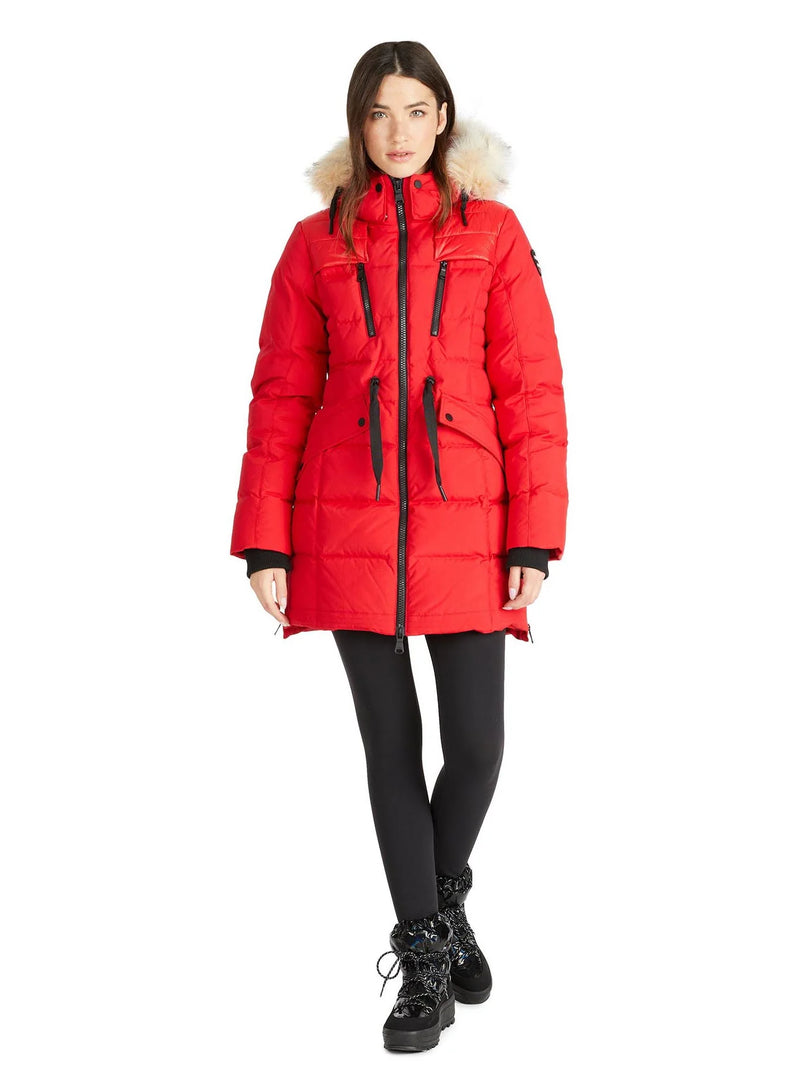 Pajar Womens Alia Mixed Media Quilted Parka with Det Hood Fur Trim - CURRENT RED