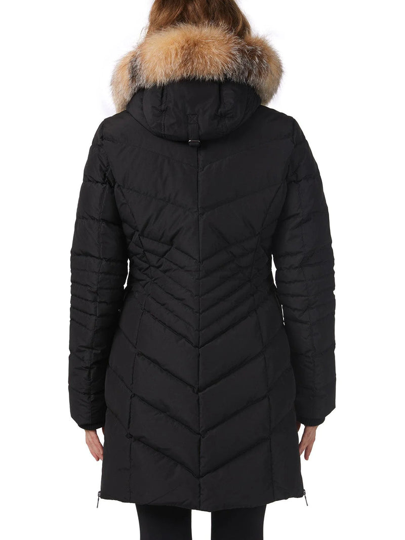 Pajar Womens Queens Real Fur Trim Chevron Quilt Mid Length Jacket - BLACK