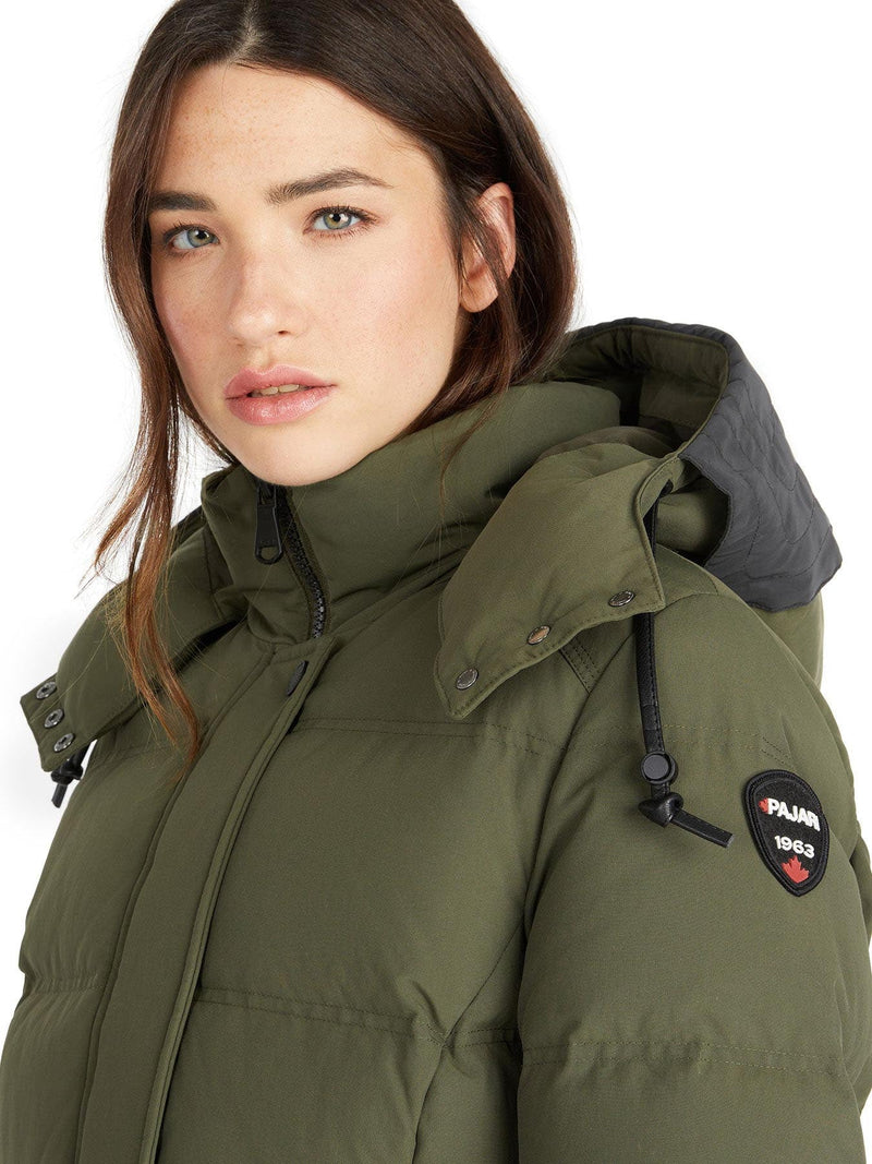 Pajar Womens Sapphire Long Puffer with Detachable Hood with side vents - MILITARY