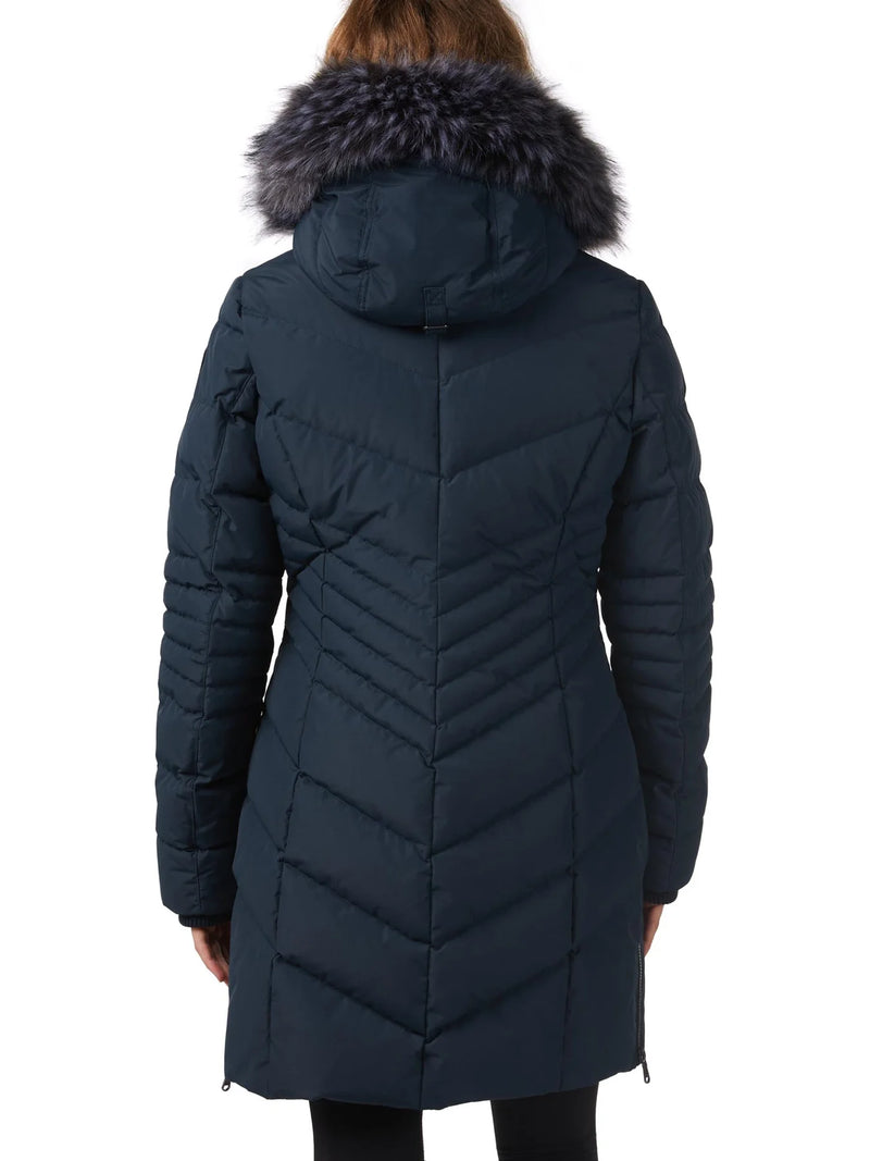 Pajar Womens Queens Real Fur Trim Chevron Quilt Mid Length Jacket - NAVY