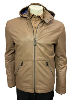 Pal Zileri Men's Lamb Leather Hooded Jacket - BROWN