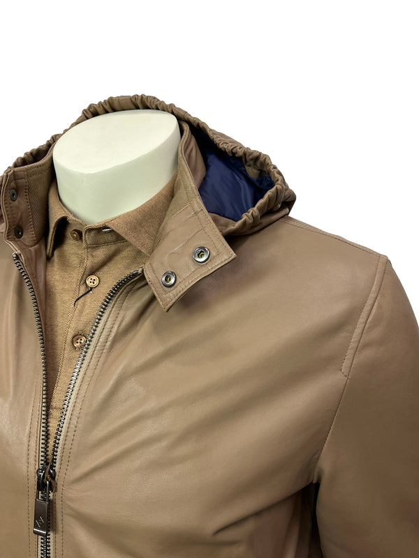Pal Zileri Men's Lamb Leather Hooded Jacket - BROWN